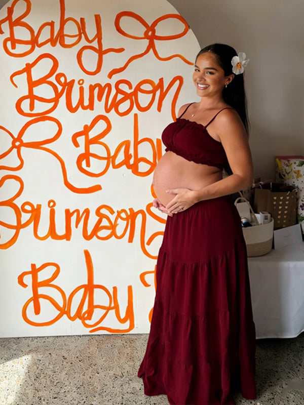 Momyknows Spaghetti Strap Open Back Ruched Two Piece Maternity Baby Shower Maxi Dress