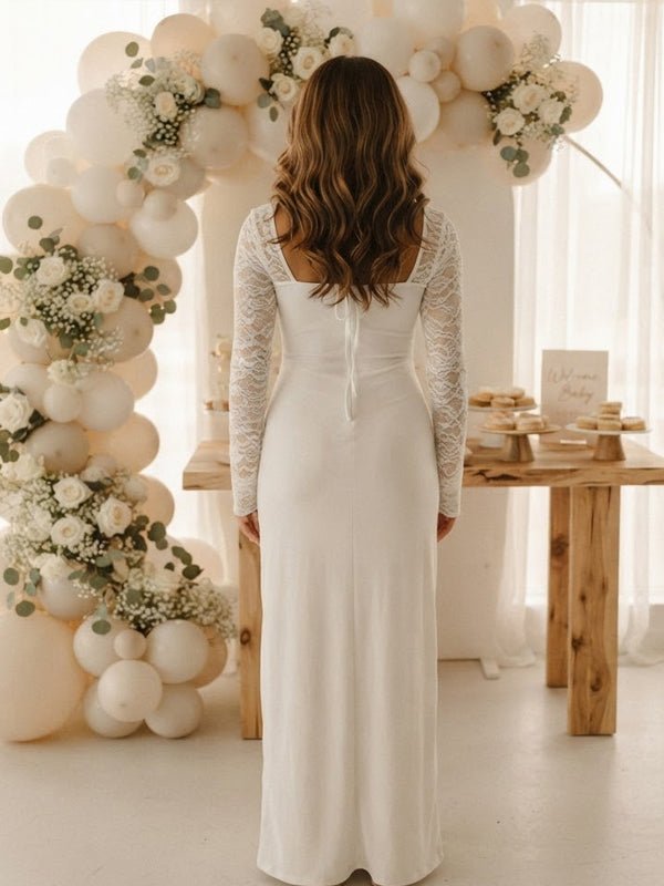 Momyknows White Lace Side Slit Spliced Lace Up Maternity Baby Shower Maxi Dress - White - 4