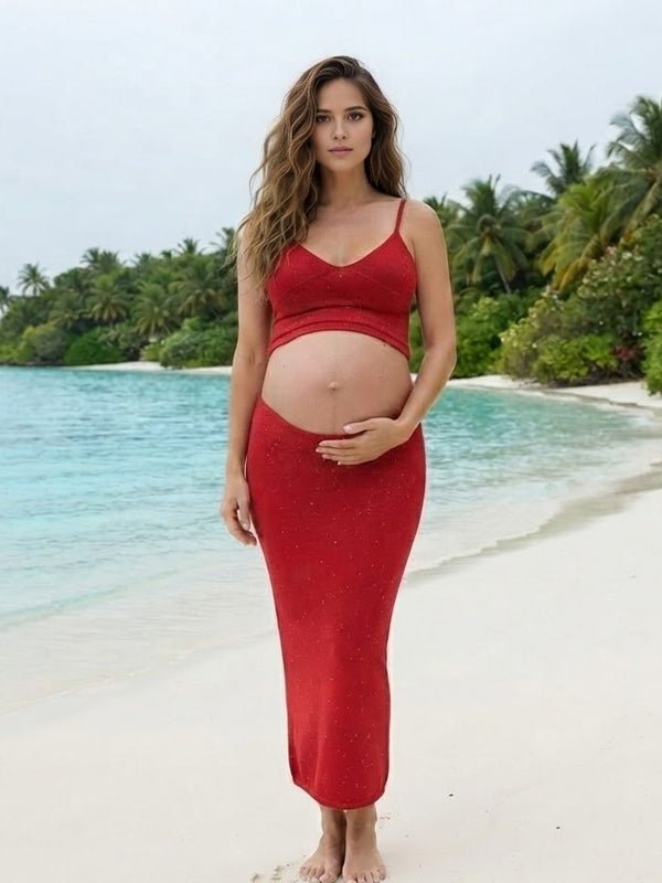 Momyknows Sequin Spaghetti Strap Ruched Two Piece Maternity Photoshoot Maxi Dress - Red - 6