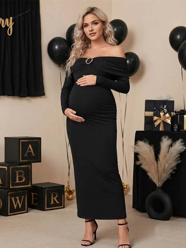 Momyknows Black Ruffle Strapless Off Shoulder Bodycon Maternity Baby Shower Maxi Dress