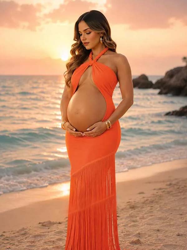 Momyknows Orange Tassel Halter Neck Bandeau Midriff Ruffle Maternity Photoshoot Maxi Dress - Orange - 1