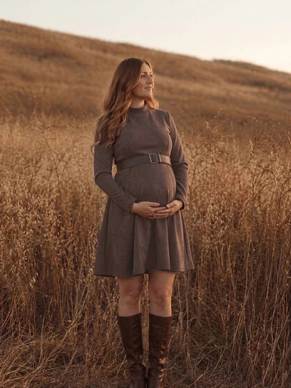 Brown A-Line Sashes Photoshoot Maternity Mini Dress