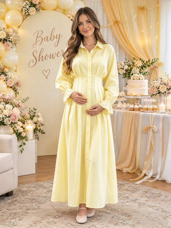 Yellow Maternity Maxi Dress with Button Accents and Ruched Bodice and Elegant Fit, Baby Shower Occasion