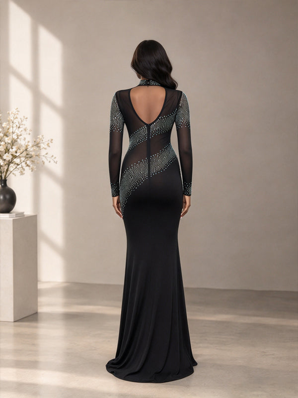 Black Elegant Maternity Maxi Dress with Rhinestone Accents and Sheer Backless Design