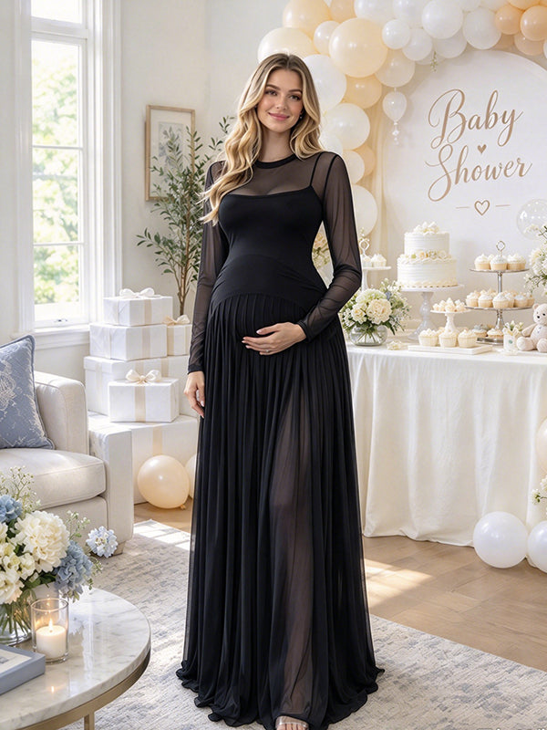 Black Sheer Maternity Maxi Dress with Elegant Draped Hem and Flattering Silhouette, Baby Shower Occasion