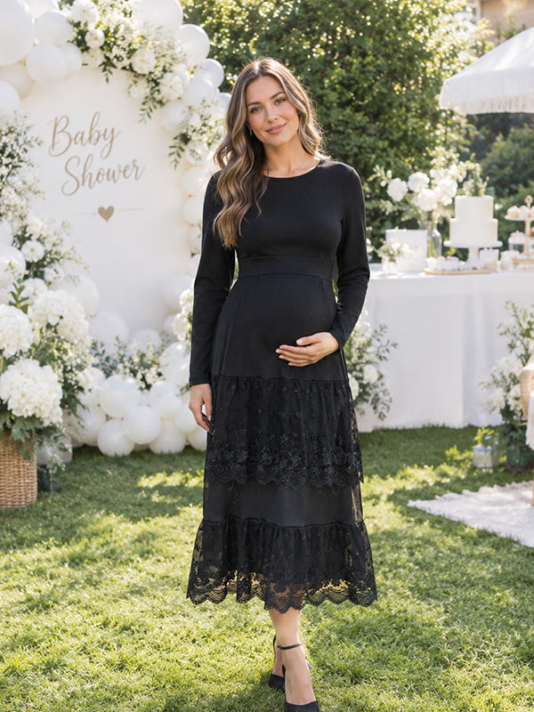 Black Lace Maternity Midi Dress with Grenadine Texture and Flowing Big Swing Fit, Baby Shower Occasion