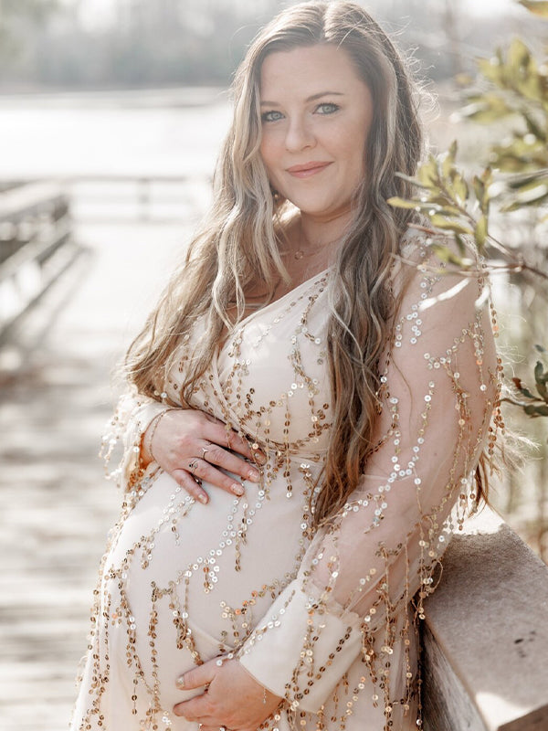 Momyknows Apricot Sequin Tassel Tulle Ruched Cross Chest Multi Way Tie Back V-neck Elegant Boho Photoshoot Maternity Maxi Dress Apricot / L Momyknows Apricot Sequin Tassel Tulle Ruched Cross Chest Multi Way Tie Back V-neck Elegant Boho Photoshoot Maternity Maxi Dress Apricot / L