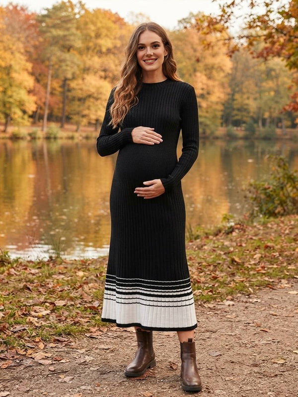 Black Striped Pleated Crochet Maternity Maxi Dress with Elegant Fit, Photoshoot