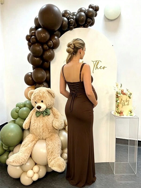 Momyknows Brown Ruched Bodice Lace-up Back Tank Bodycon Maternity Maxi Dress - Brown - 6