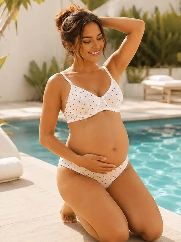 Momyknows White Heart Print Underwire Two-Piece Bikini Knit Maternity Swimsuit - White - 3