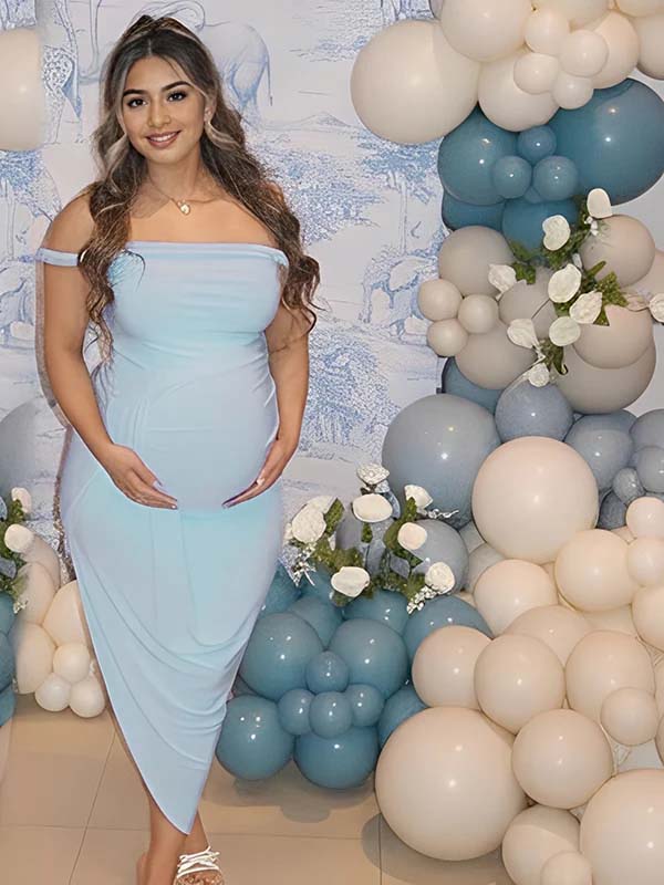 Momyknows Blue Off Shoulder Ruched Irregular Hem Bodycon Maternity Midi Dress