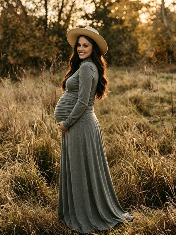 Grey Ruffle Pleated Maternity Dress with V-Neck and Loose A-Line Fit