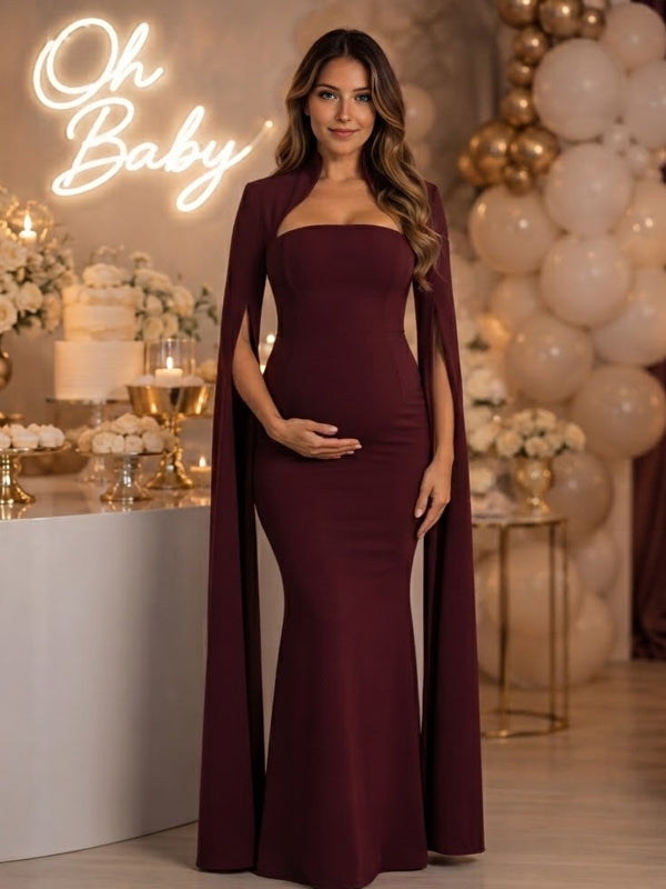Red Maternity Maxi Dress with Elegant Cape Detail and Slit Sleeves