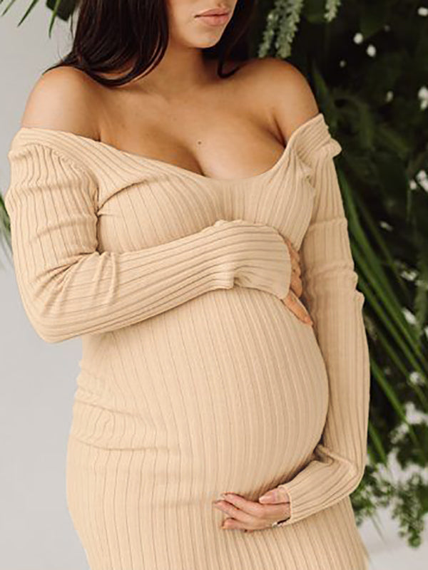 Momyknows Apricot Off Shoulder Boat Neck Elegant Long Sleeve Baby Shower Maternity Photoshoot Sweater Dress