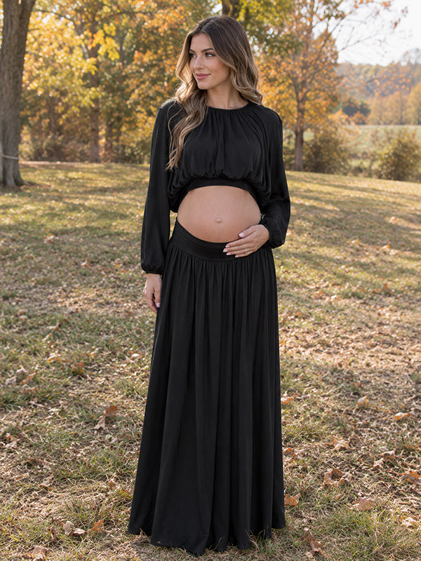 Black Ruched Maternity Maxi Dress with Big Swing Silhouette and Elegant Fit, Photoshoot Occasion