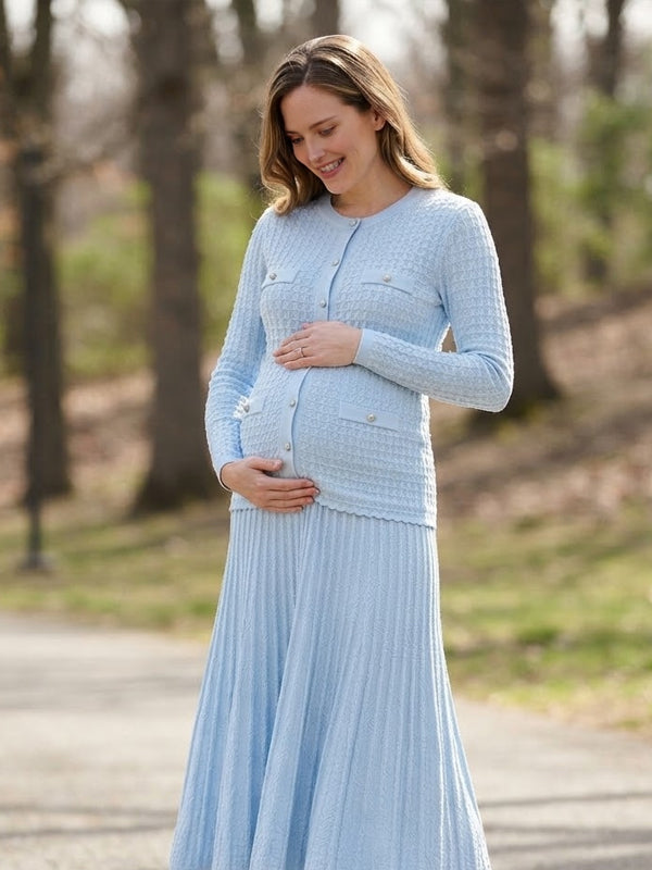 Blue Elegantd Crochet Maternity Maxi Dress with Button Detail and Elegant Fit