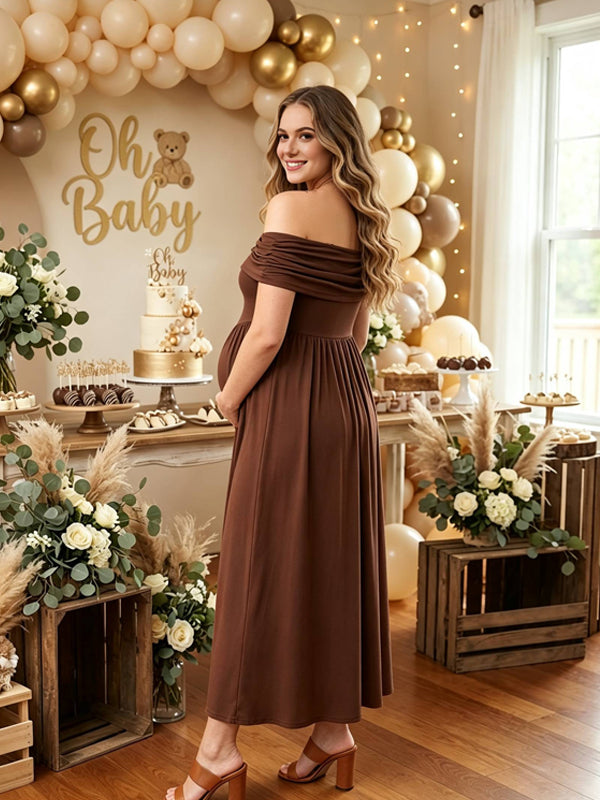 Brown Polyester Maternity Dress with Off-the-Shoulder and High-Waisted Design