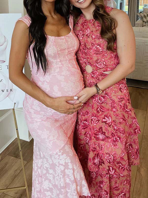 Momyknows Pink Lace Ruched Corset High-low Tank Mermaid Elegant Cocktail Gown Maternity Baby Shower Maxi Dress Pink / XL Momyknows Pink Lace Ruched Corset High-low Tank Mermaid Elegant Cocktail Gown Maternity Baby Shower Maxi Dress Pink / XL
