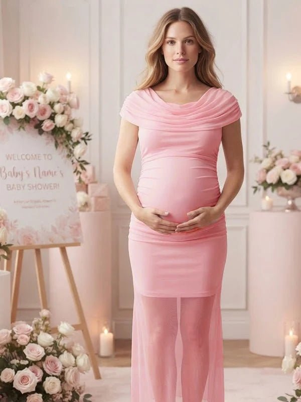 Momyknows Dangling Collar Ruched Zipper Grenadine Maternity Baby Shower Maxi Dress - Pink - 6