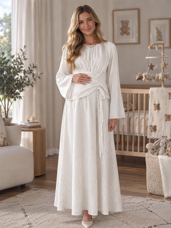 White Smocked Maternity Maxi Dress with Striped Design and Gathering Detail