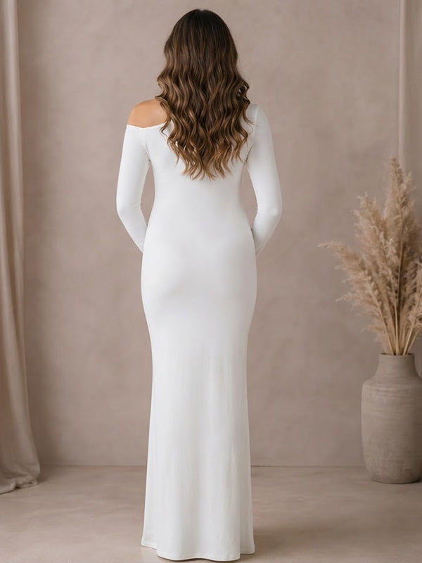 White Maternity Maxi Dress with Ruched Design and Oblique Shoulder Knot Detail