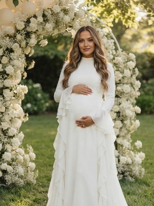 Momyknows White Ruffle Flare Sleeve Big Swing Sheer Maternity Baby Shower Maxi Dress - White - 1