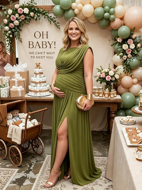 Momyknows Side Slit Splicing Backless Ruffle Maternity Baby Shower Maxi Dress - Green - 4