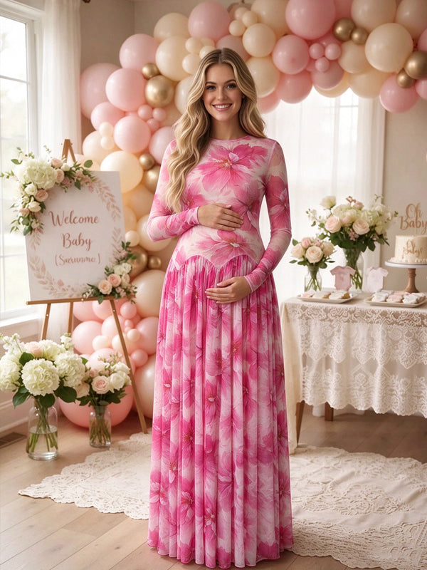 Elegant Pink Mesh Sheer Print Ruffle Maternity Clothes