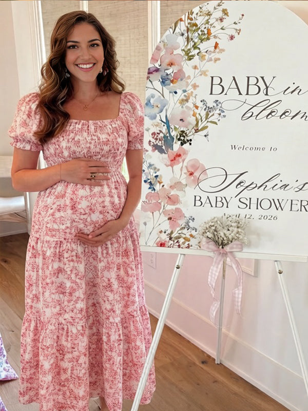 Momyknows Pink Smocked Print Backless Ruched Maternity Baby Shower Maxi Dress