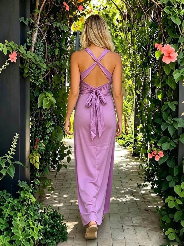 Momyknows Purple V-neck Ruffle Backless Bowknot Maternity Photoshoot Maxi Dresses - Purple - 4