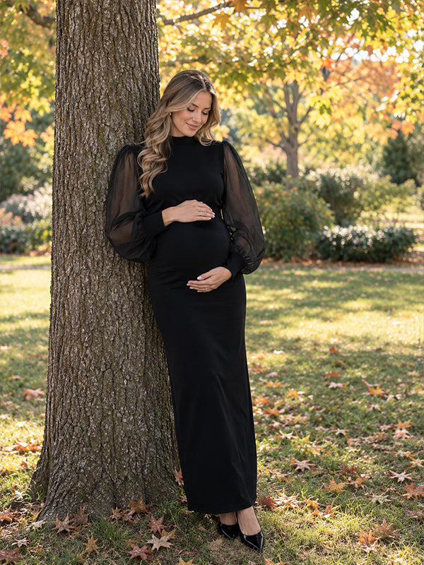 Black Sheer Maternity Maxi Dress with Puff Sleeves and Ruched Details and Flattering Fit, Photoshoot Occasion