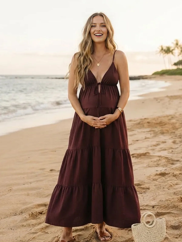 Brown Spaghetti Strap Maternity Maxi Dress with Lace Up Detail and Beach Style