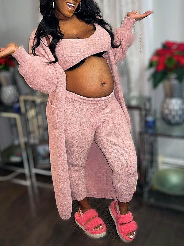 Momyknows Belly Friendly Fuzzy Cardigan Crop Tank Tops 3 Piece Sweatsuit Babyshower Maternity Jumpsuit