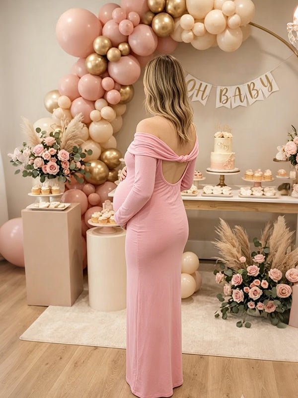 Momyknows Pink Long Sleeve Off Shoulder Backless Solid Color Maternity Baby Shower Maxi Dress - Pink - 2