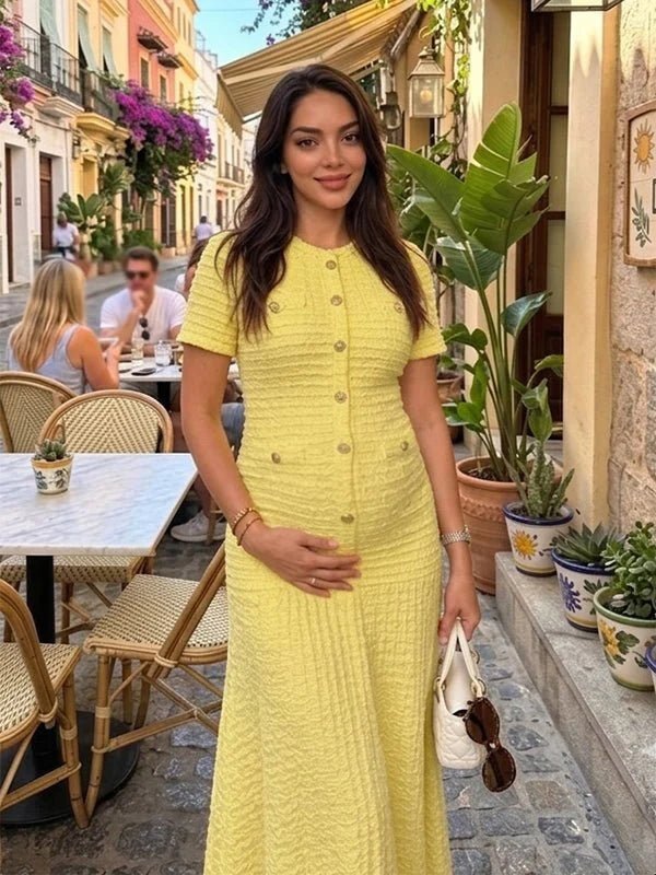 Momyknows Chic Daily Crochet Bodycon Mermaid Single Breasted Vacation Maternity Maxi Dress - Yellow - 1