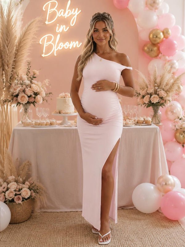 Momyknows One Shoulder Ruched Side Slit Bodycon Maternity Maxi Dress - Pink - 4