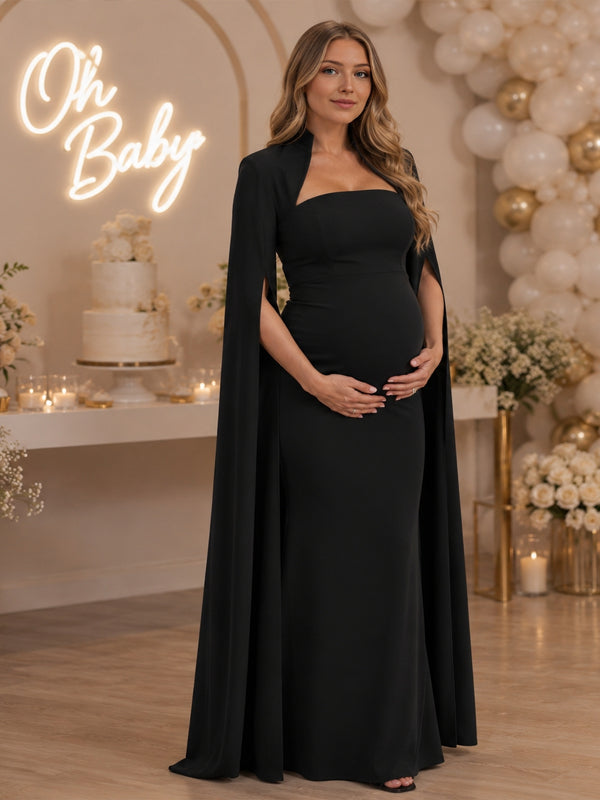 Black Elegant Maternity Maxi Dress with Cape Detail and Slit Sleeves, Baby Shower Style