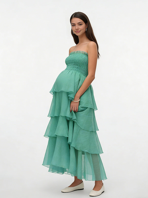 Momyknows Smocked Falbala Tulle Skirt Maternity Baby Shower Maxi Dress Green / M