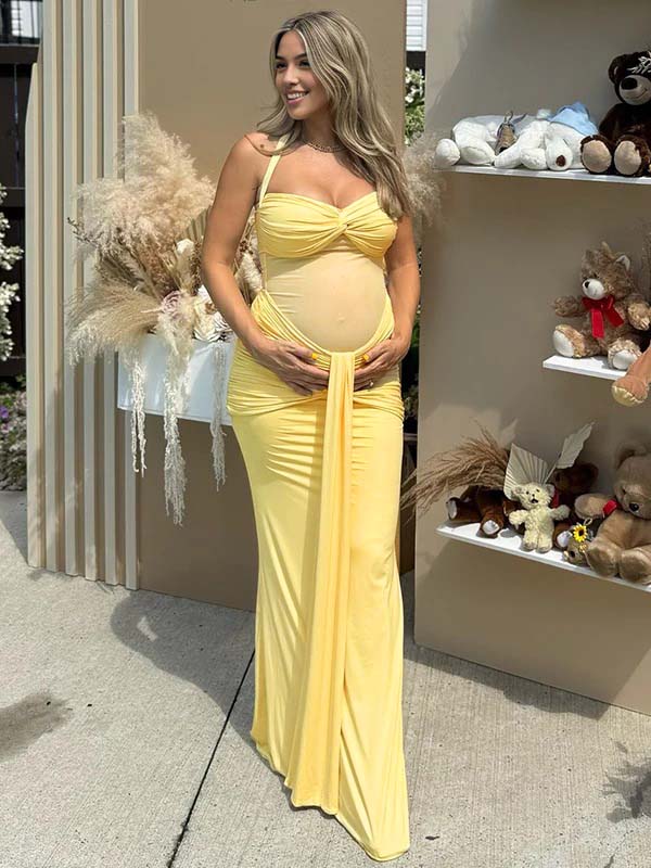 Momyknows Mesh Ruched Draped Halter Neck Backless Maternity Maxi Dress