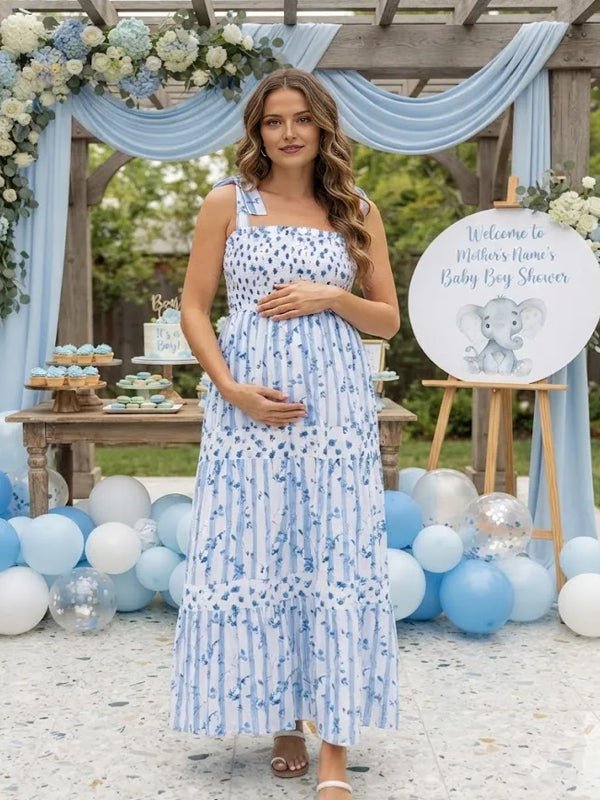 Momyknows Blue Smocked Spaghetti Strap Print Ruched Lace Up Backless Maternity Baby Shower Maxi Dress - Blue - 3