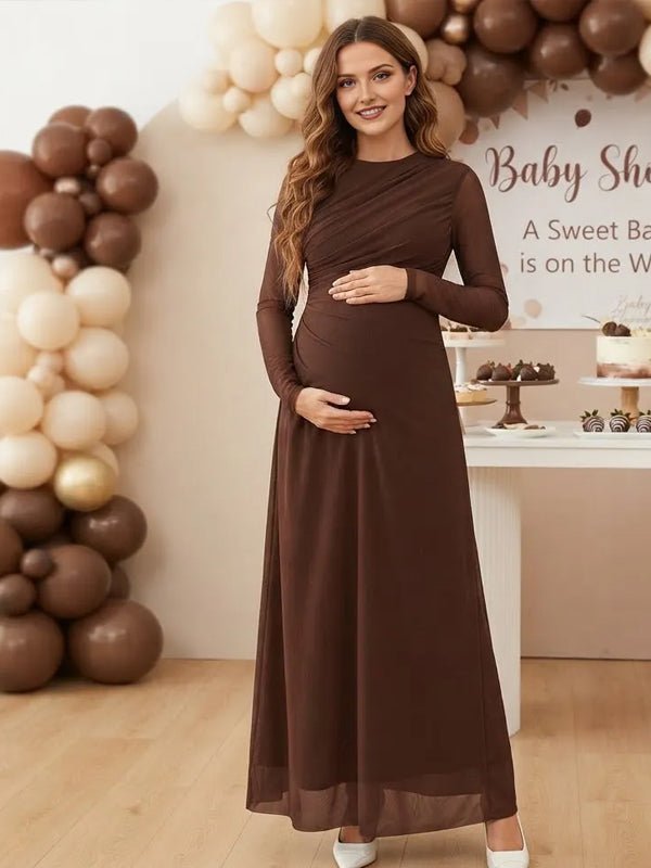 Momyknows Ruched Sheer Grenadine Bodycon Maternity Baby Shower Maxi Dress - Coffee - 10