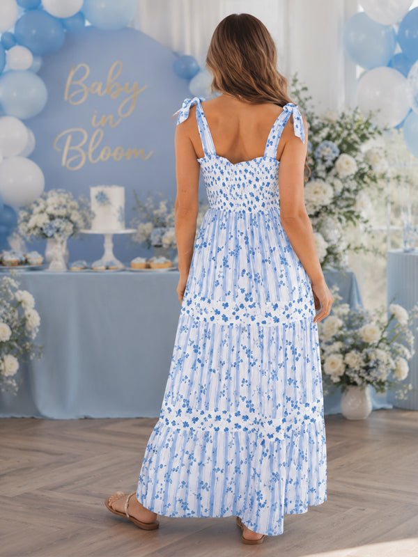 Momyknows Blue Smocked Spaghetti Strap Print Ruched Lace Up Backless Maternity Baby Shower Maxi Dress - Blue - 2