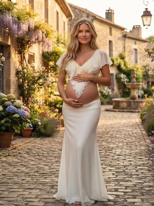 Momyknows White Ruffle Irregular Two Piece Lace Up Maternity Photoshoot Maxi Dress - Top - 2