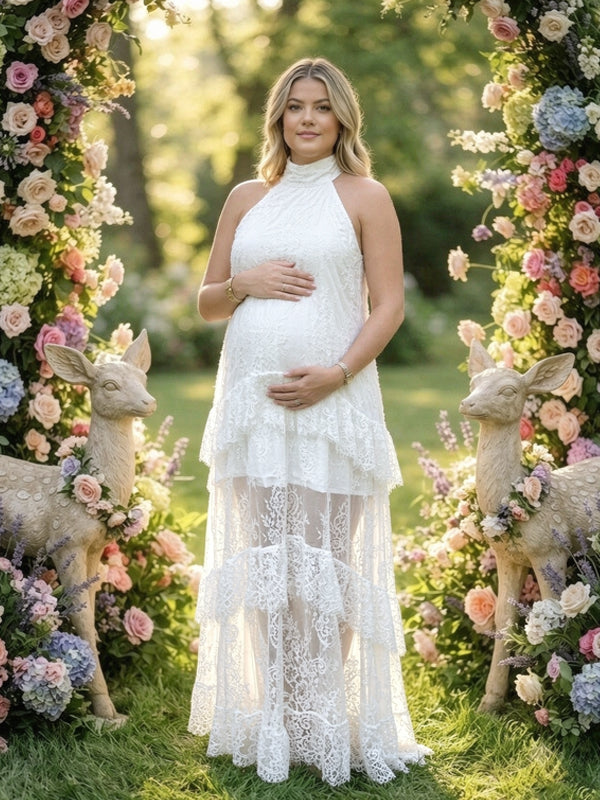 Momyknows White Lace Halter Neck Cut Out Splicing Photoshoot Maternity Maxi Dress
