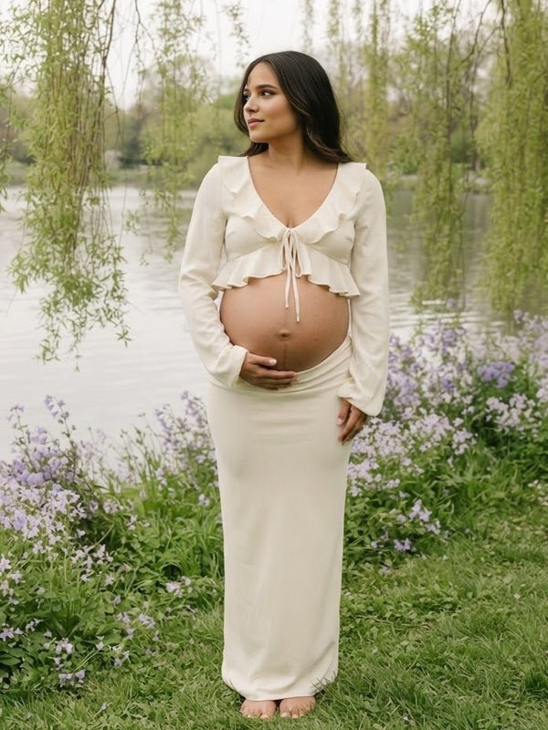 Momyknows Ruffle Lace Up Two Piece Maternity Photoshoot Maxi Dress - White - 2