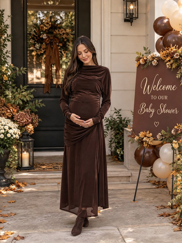 Coffle Ruched Maternity Maxi Dress with Flowing Cape and Decorative Ribbon Accent
