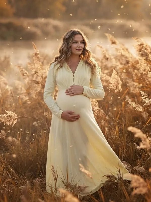 Momyknows Deep V Ruched Sheer Bodycon Maternity Photoshoot Maxi Dress - Yellow - 4