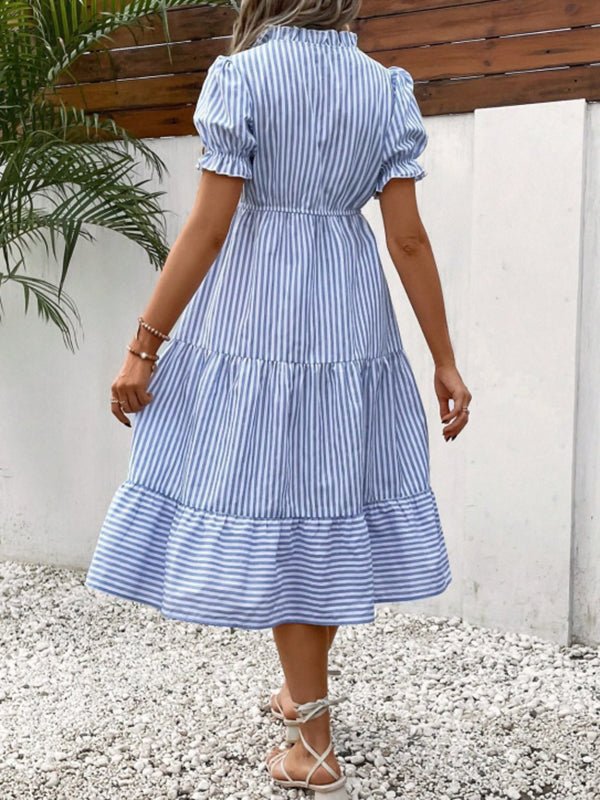 Momyknows Fashion Blue Striped Lace Up Tassel Maternity Midi Dress - Blue - 3