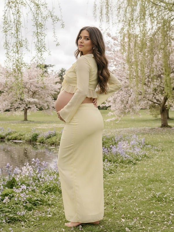 Momyknows Ruffle Lace Up Two Piece Maternity Photoshoot Maxi Dress - Yellow - 5