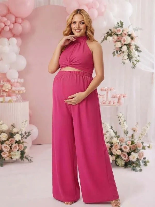 Momyknows Rose Carmine Ruffle Halter Neck Backless Twist Front Two Piece Maternity Wide Leg Pants Set - Rose Carmine - 2